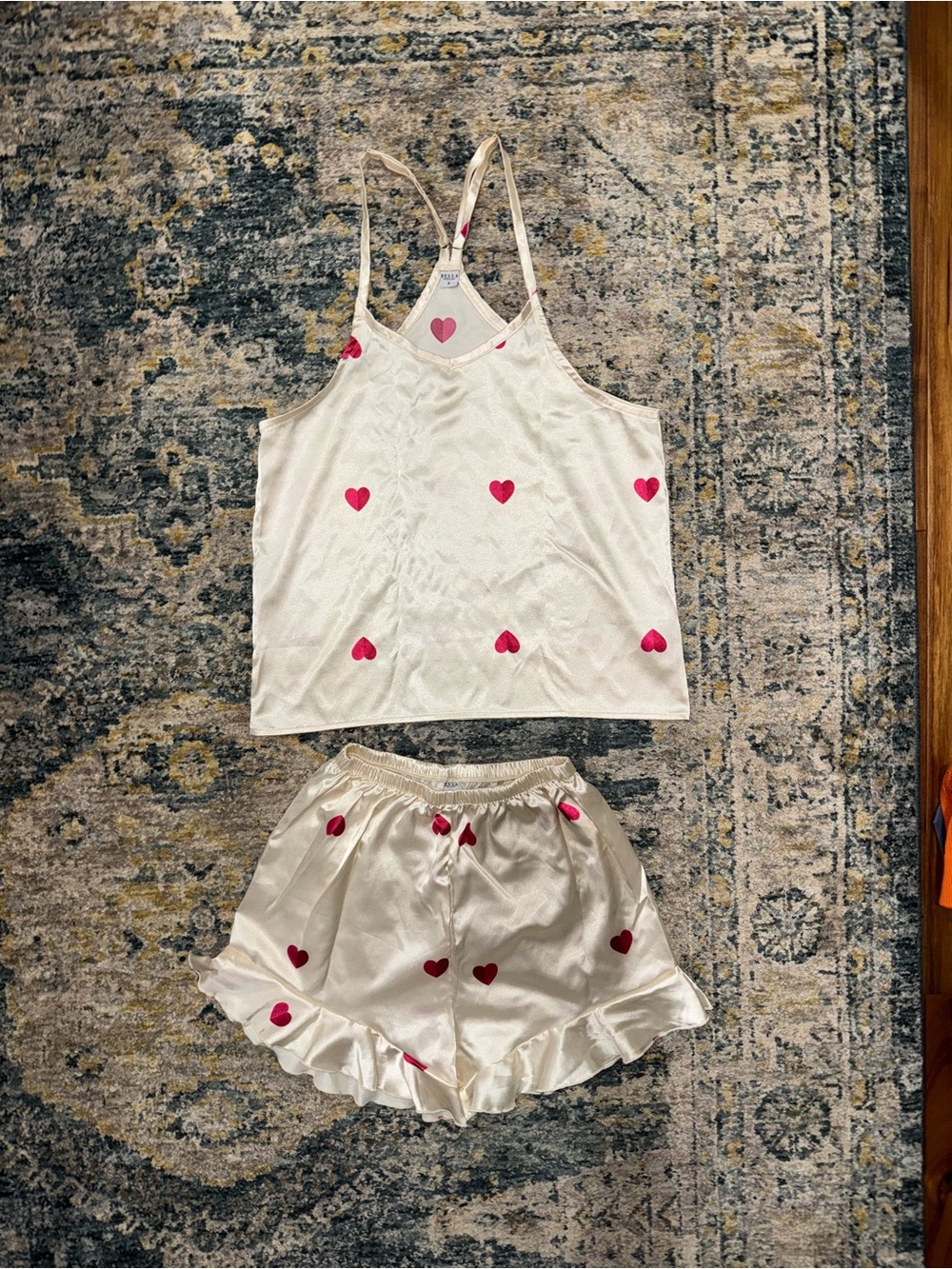 Bella Cream Satin Pajama Set with Heart Accents